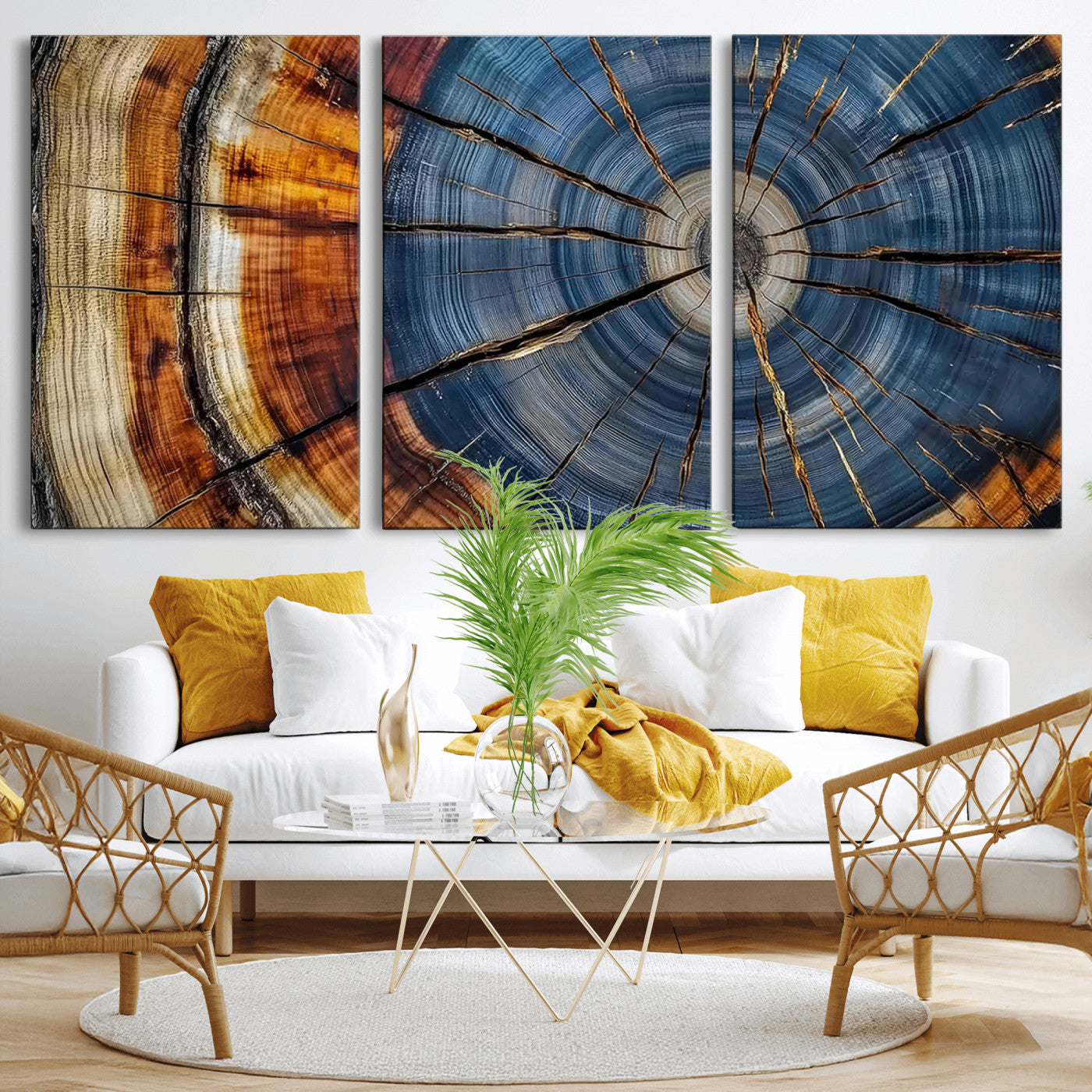 10583-MGV-CV-36X24-Tree Ring Wall Art – Abstract Wood Grain Canvas Print with Blue and Brown Tones, Nature Inspired Rustic Artwork for Living Room,