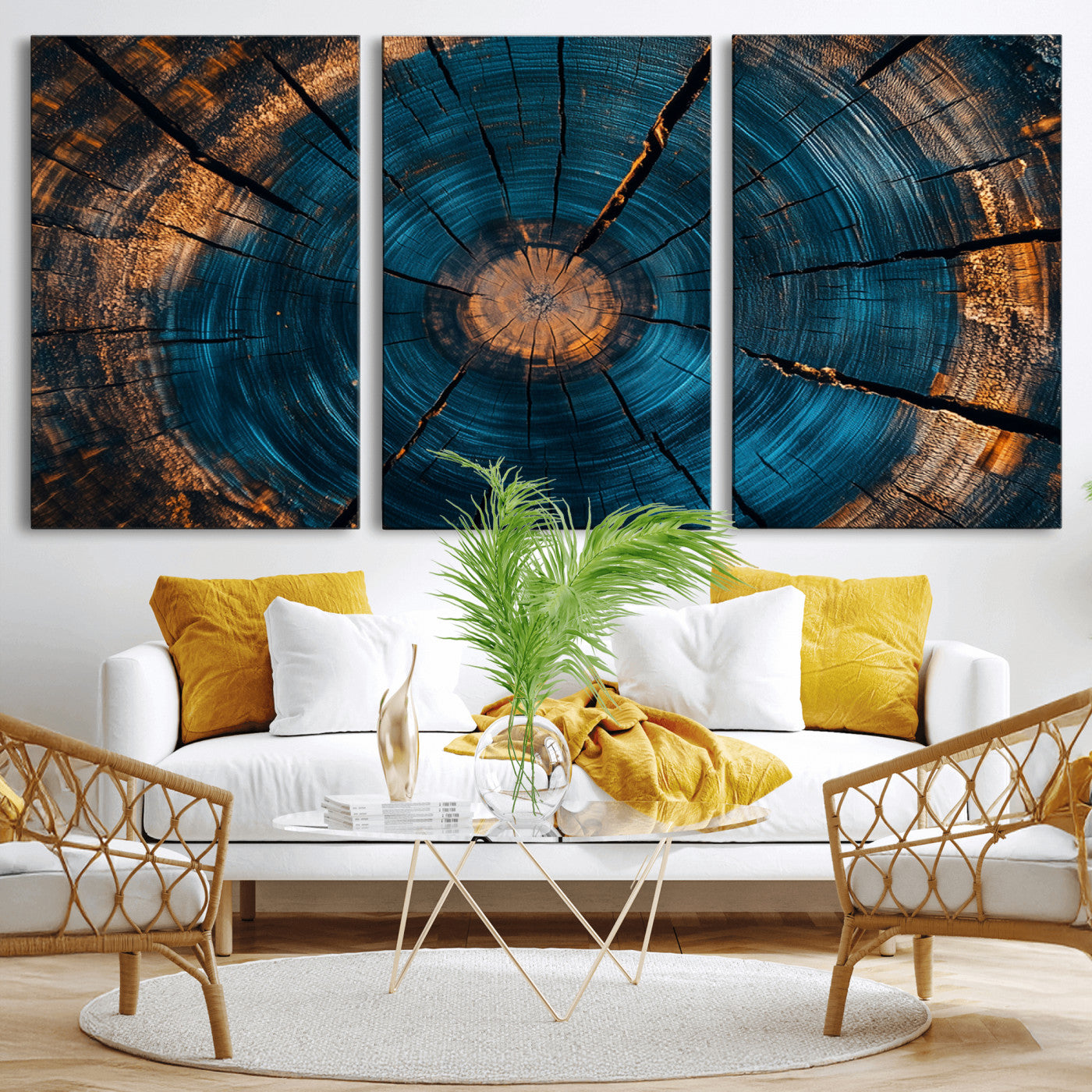 13398-MGV-CV-36X24-Tree Ring Wall Art – Abstract Wood Grain Canvas Print with Blue and Orange Accents, Rustic Nature Inspired Artwork for Living