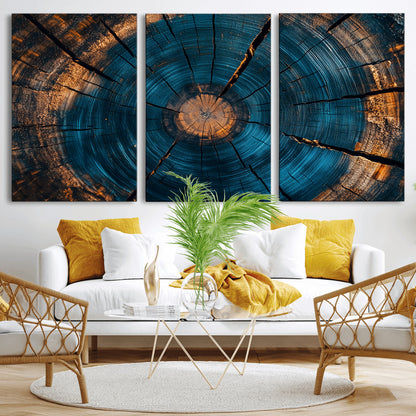 13398-MGV-CV-36X24-Tree Ring Wall Art – Abstract Wood Grain Canvas Print with Blue and Orange Accents, Rustic Nature Inspired Artwork for Living