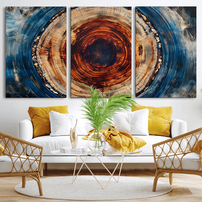 90395-MGV-CV-36X24-Tree Ring Wall Art – Abstract Wood Grain Canvas Print with Fiery Red and Blue Tones, Bold Rustic Nature Inspired Artwork Decor for