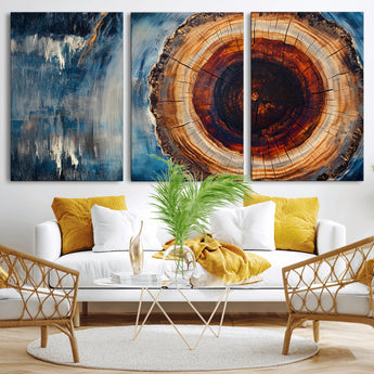48045-MGV-CV-36X24-Tree Ring Abstract Wall Art – Rustic Wood Grain Canvas Print with Brown Center and Blue Brush Strokes, Nature Inspired Artwork for