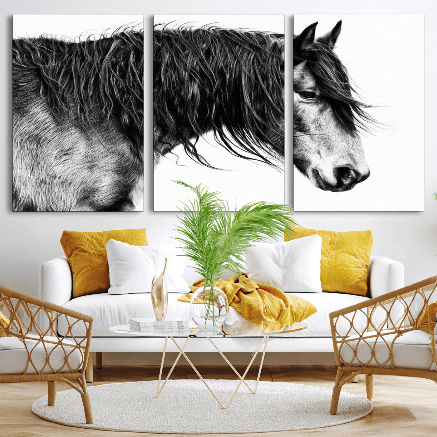 57694-MGV-CV-36X24-Horse Portrait Wall Art – Black and White Canvas Print with Detailed Stallion Profile, Rustic Farmhouse Equestrian Artwork for