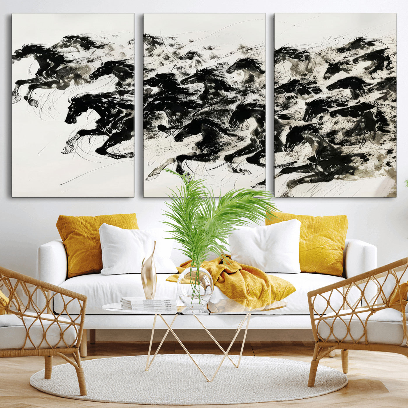 23069-MGV-CV-36X24-Galloping Horses Wall Art – Black Ink Painting on Canvas, Dynamic Equestrian Artwork with Running Stallions, Expressive Modern