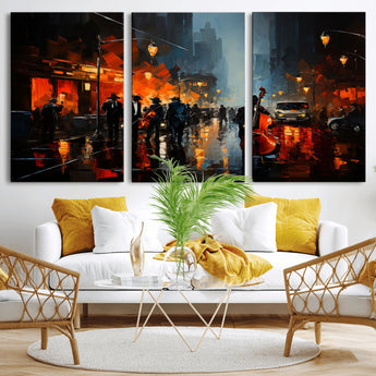 32816-MGV-CV-36X24-City Jazz Night Wall Art – Modern Abstract Urban Street Scene Canvas Print, Moody Music-Themed Decor for Living Room, Office, or