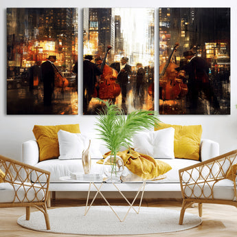 58782-MGV-CV-36X24-Jazz Musicians Cityscape Wall Art – Vibrant Urban Night Canvas Print, Elegant Music Themed Decor for Living Room, Office, or Music