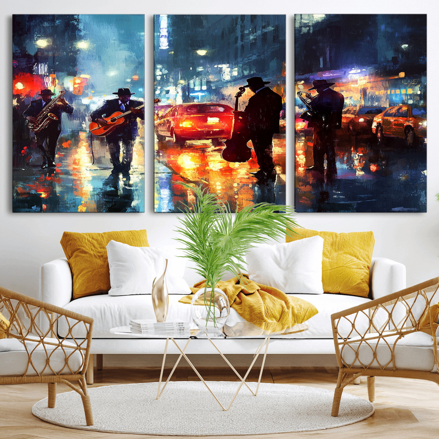 94605-MGV-CV-36X24-City Jazz Night Wall Art – Vibrant Music Canvas Print Featuring Saxophone, Guitar and Bass Players, Urban Street Scene Artwork for