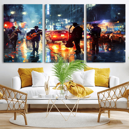 94605-MGV-CV-36X24-City Jazz Night Wall Art – Vibrant Music Canvas Print Featuring Saxophone, Guitar and Bass Players, Urban Street Scene Artwork for
