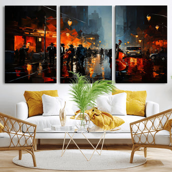 46538-MGV-CV-60X30-3P-Urban Jazz Night Wall Art – Dramatic Music Canvas Print with Double Bass and Street Musicians, Modern City Scene Artwork for