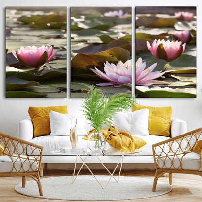 72218-MGV-CV-36X24-Water Lily Pond Wall Art – Pink Lotus Flowers Canvas Print with Green Lily Pads, Peaceful Botanical Artwork for Living Room,
