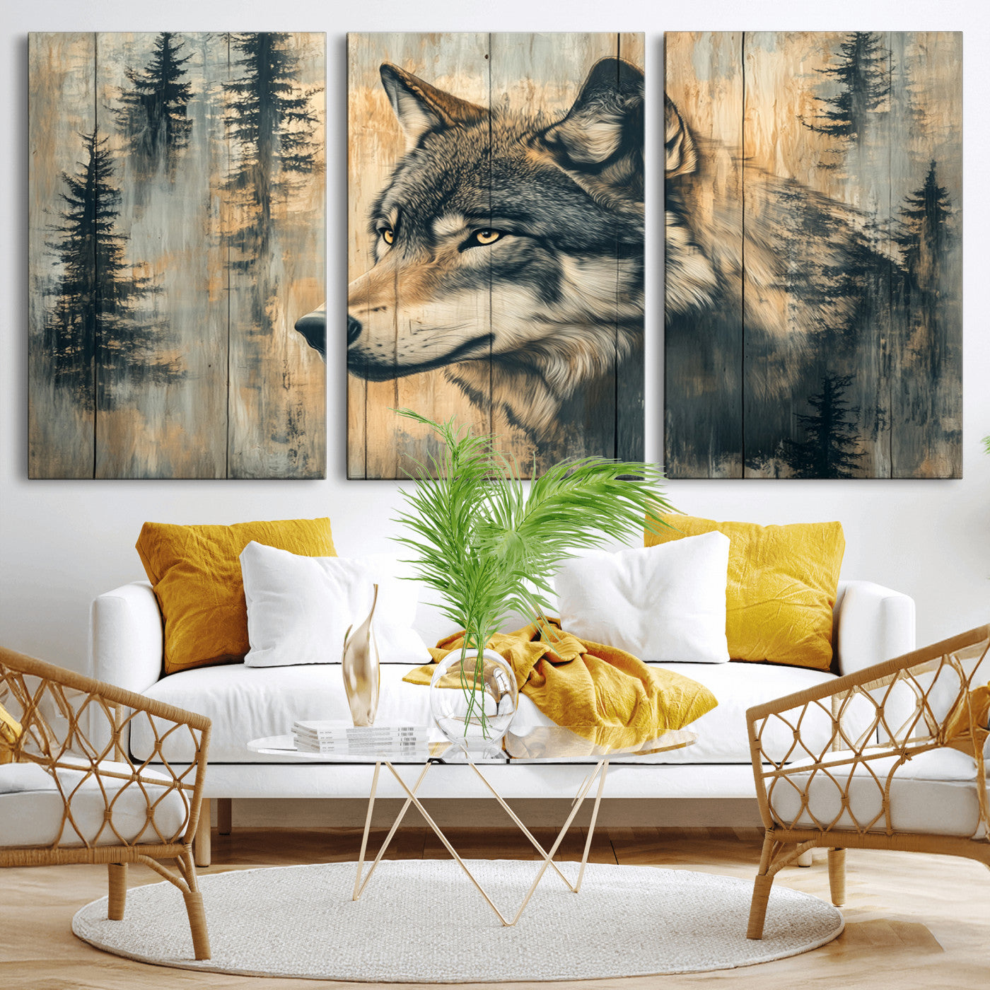 51892-MGV-CV-36X24-Wolf Wall Art – Rustic Canvas Print of Wolf with Forest Trees on Wood Texture, Wildlife Lodge Artwork for Living Room, Bedroom,