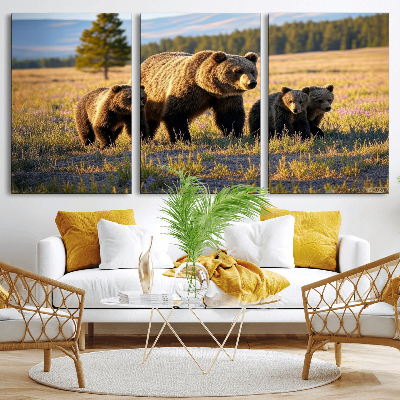 43400-MGV-CV-36X24-Bear Family Wall Art – Wildlife Canvas Print of Mother Bear with Cubs in Sunlit Meadow, Rustic Animal Artwork for Living Room,