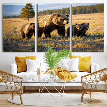 43400-MGV-CV-36X24-Bear Family Wall Art – Wildlife Canvas Print of Mother Bear with Cubs in Sunlit Meadow, Rustic Animal Artwork for Living Room,