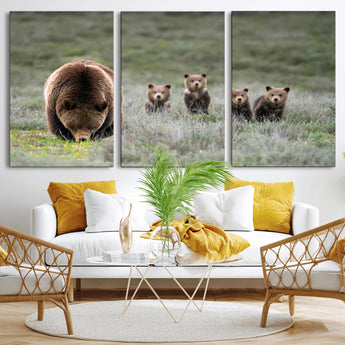 40555-MGV-CV-36X24-Bear Family Wall Art – Wildlife Canvas Print of Mother Bear with Four Cubs in Nature, Rustic Animal Artwork for Living Room,