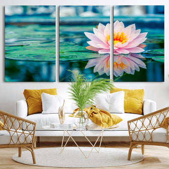 30320-MGV-CV-36X24-Pink Water Lily Wall Art – Lotus Flower Canvas Print with Reflection Water, Peaceful Botanical Artwork for Living Room, Bedroom,