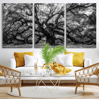 132944706-MGV-CV-36X24-Ancient Tree Wall Art – Black and White Photography Canvas Print Featuring Majestic Twisting Branches, Rustic Nature Artwork for