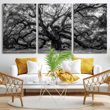132944706-MGV-CV-36X24-Ancient Tree Wall Art – Black and White Photography Canvas Print Featuring Majestic Twisting Branches, Rustic Nature Artwork for