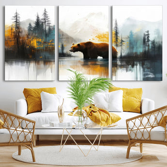 50308-MGV-CV-36X24-Abstract Rustic Bear Wall Art – Forest and Mountain Scene Canvas Print, Nature Artwork for Modern Farmhouse or Log Cabin Decor