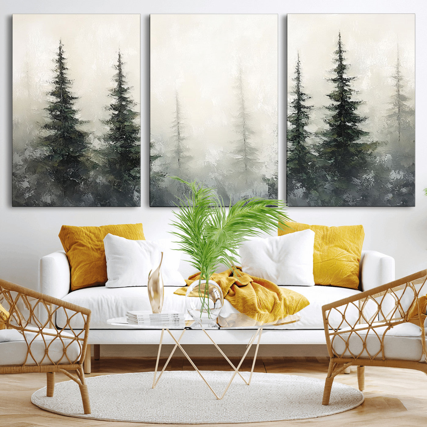 33241-MGV-CV-36X24-Misty Forest Wall Art Canvas Print, Framed Foggy Pines Art Picture Print, Forest Haze Perfect Rustic Minimalist Decor Artwork
