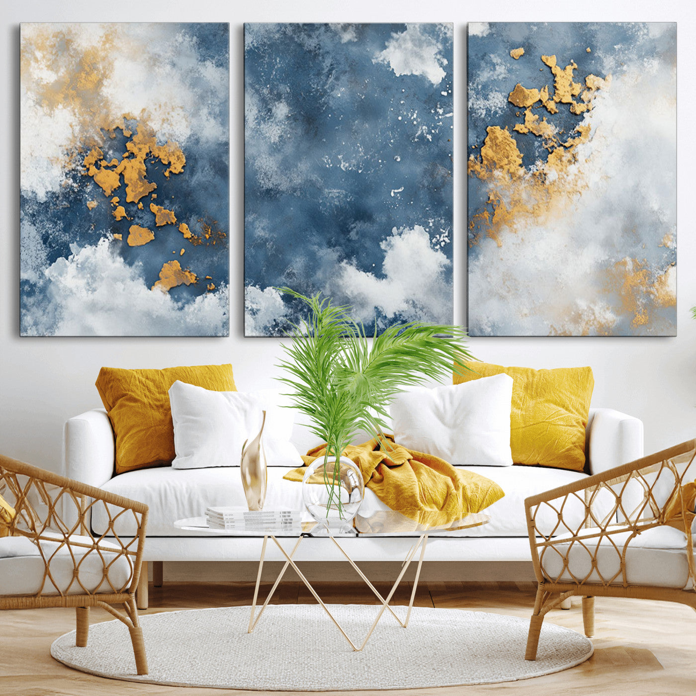 39575-MGV-CV-36X24-Blue and Gold Abstract Wall Art – Modern Canvas Print Featuring Cloudy Textures with Metallic Accents, Contemporary Artwork for
