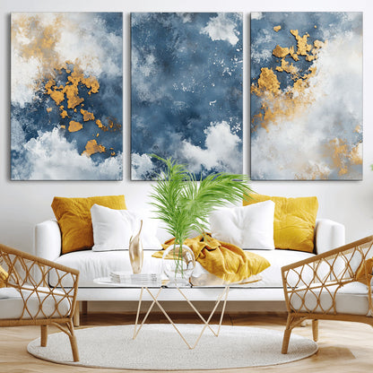39575-MGV-CV-36X24-Blue and Gold Abstract Wall Art – Modern Canvas Print Featuring Cloudy Textures with Metallic Accents, Contemporary Artwork for