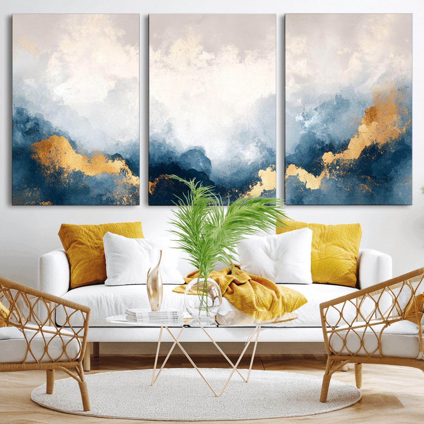 14578-MGV-CV-36X24-Abstract Wall Art – Modern Canvas Print Featuring Blue and White Clouds with Golden Accents, Contemporary Elegant Artwork for