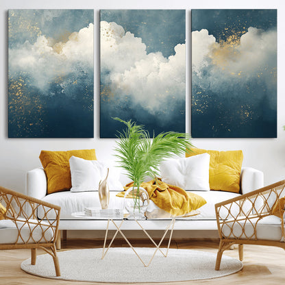 75131-MGV-CV-36X24-Abstract Cloud Wall Art – Modern Canvas Print Featuring Blue and White Clouds with Golden Accents, Contemporary Artwork for Living