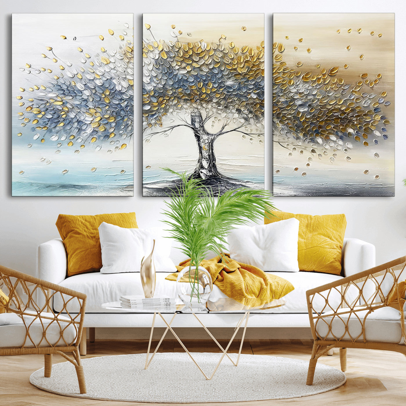 24771-MGV-CV-60X30-3P-Silver Tree Wall Art Canvas Print, Framed Golden Leaves Art Picture Print, Metallic Tree Perfect Minimalist Luxury Decor Artwork