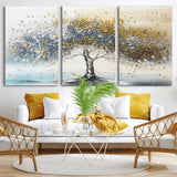 24771-MGV-CV-60X30-3P-Silver Tree Wall Art Canvas Print, Framed Golden Leaves Art Picture Print, Metallic Tree Perfect Minimalist Luxury Decor Artwork
