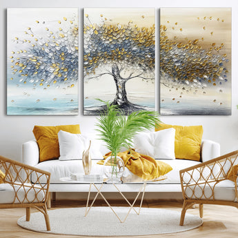 24771-MGV-CV-60X30-3P-Silver Tree Wall Art Canvas Print, Framed Golden Leaves Art Picture Print, Metallic Tree Perfect Minimalist Luxury Decor Artwork