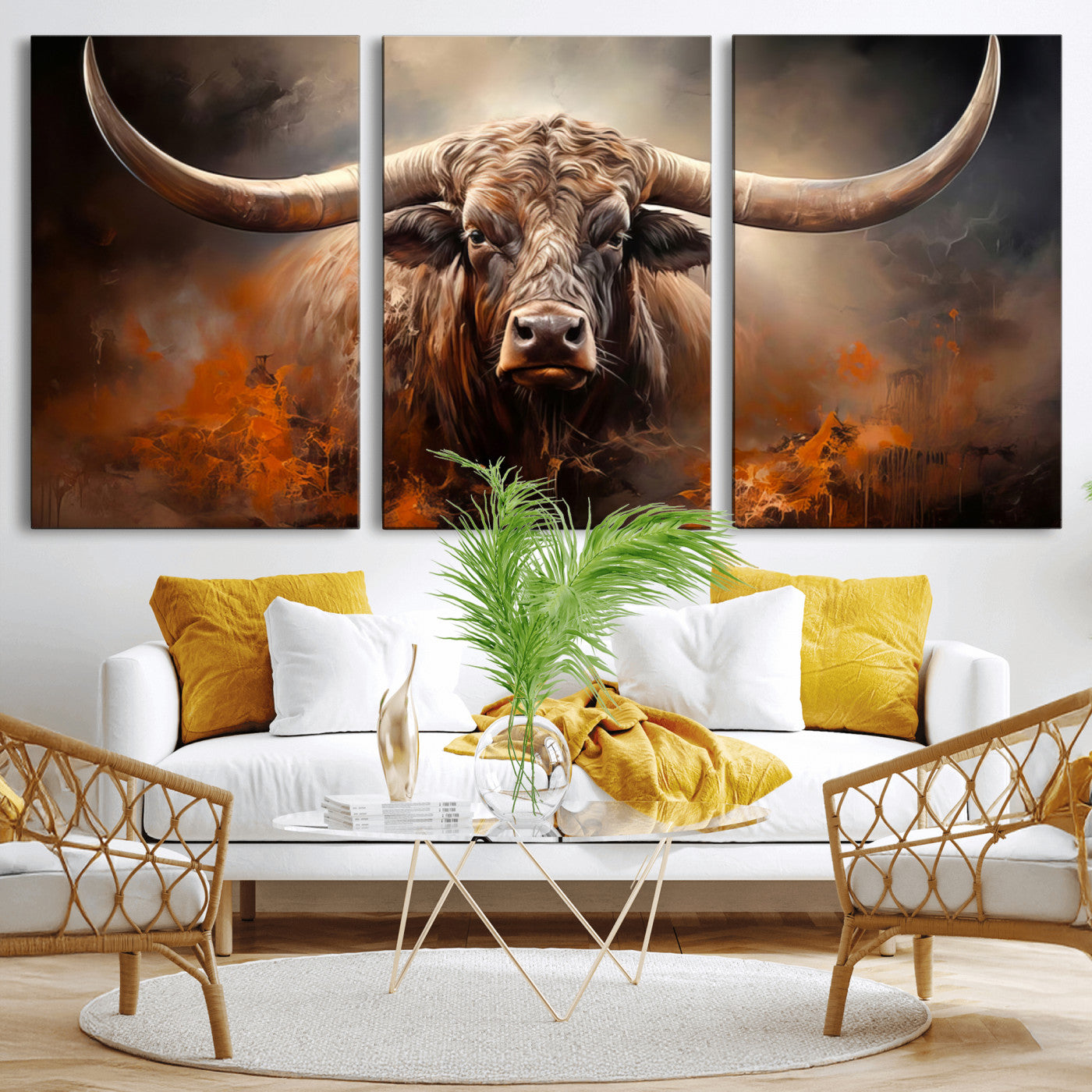 240479-MGV-CV-36X24-Longhorn Bull Wall Art – Dramatic Western Canvas Print Featuring Horned Bull with Fiery Background, Rustic Farmhouse Artwork for