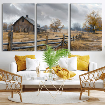 Farm1-MGV-CV-36X24-Rustic Autumn Farmhouse Wall Art – Serene Countryside Scene Canvas Print, Weathered Barn and Autumn Trees Decor for Living Room,