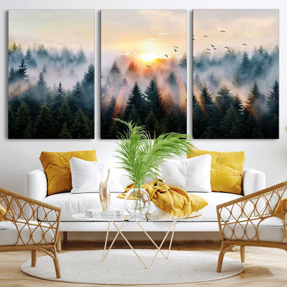 56391411-MGV-CV-36X24-Misty Forest Wall Art Canvas Print, Framed Sunrise Pines Art Picture Print, Moody Pines Perfect Serene Woodland Decor Artwork
