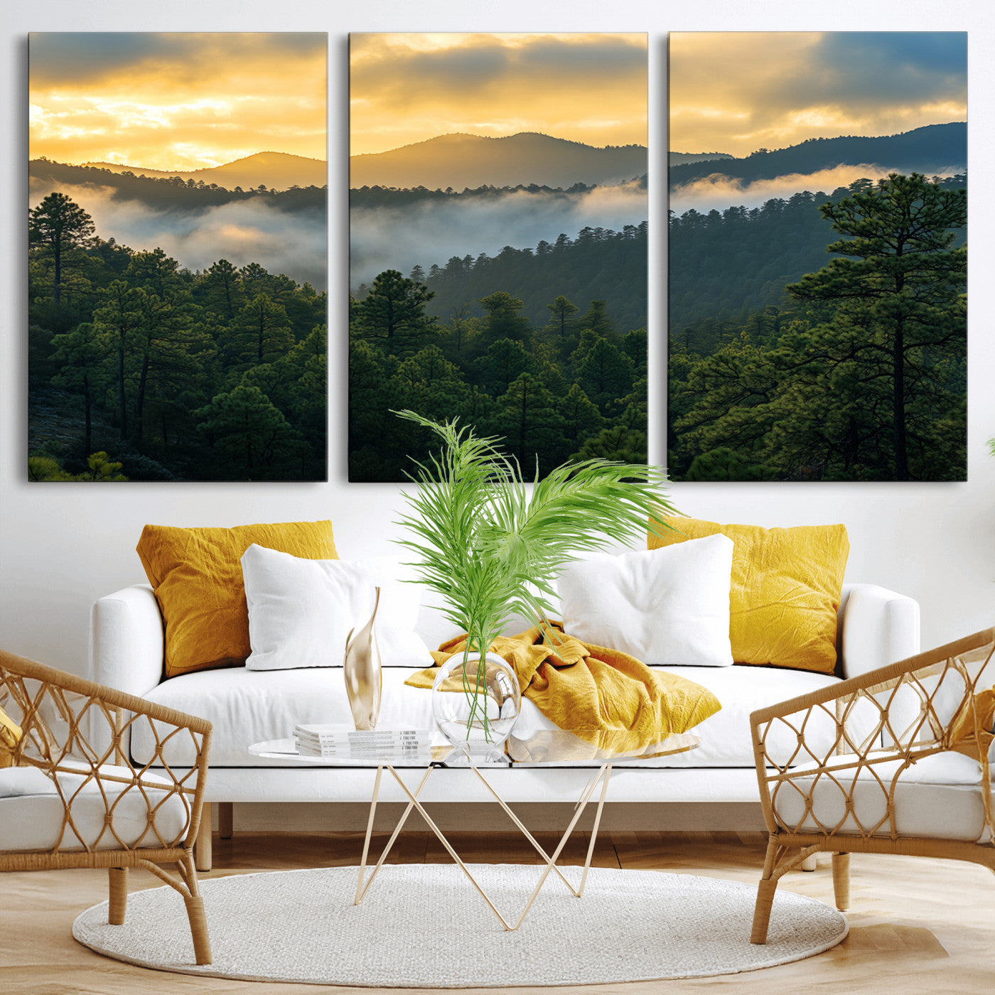 68082278-MGV-CV-36X24-Mountain Sunrise Wall Art Canvas Print, Framed Pine Forest Art Picture Print, Misty Mountains Perfect Earthy Woodland Decor