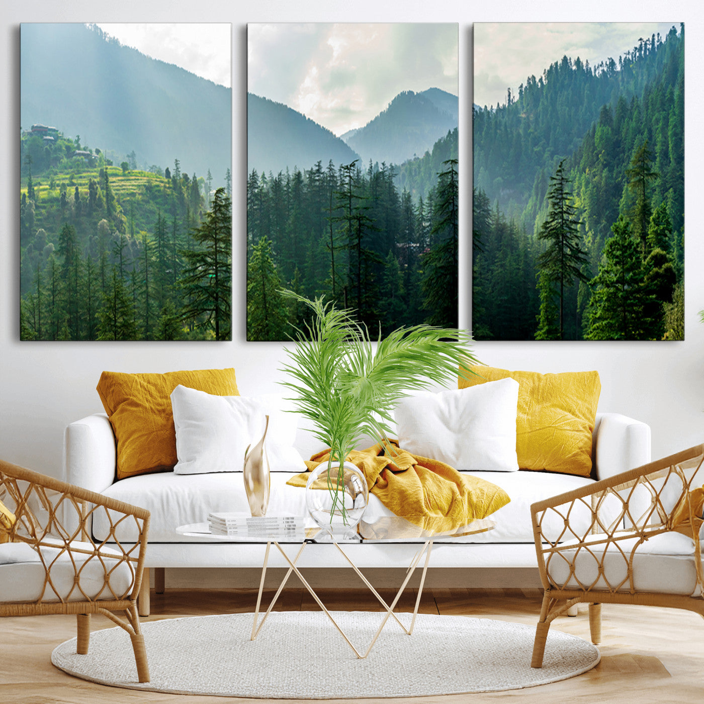 83417191-MGV-CV-36X24-Misty Mountain Forest Wall Art – Pine Tree Landscape Canvas Print, Nature Photography Panorama, Tranquil Green Forest Décor for