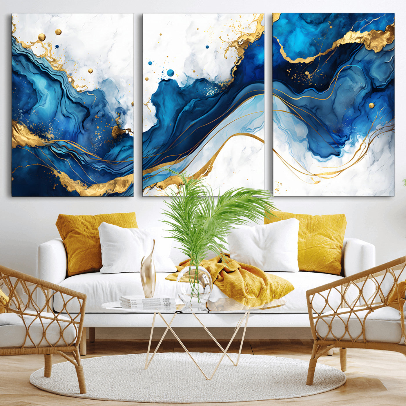 33506371-MGV-CV-36X24-Blue Marble Wall Art Canvas Print, Framed Gold Splash Art Picture Print, Abstract Wave Perfect Modern Luxe Decor Artwork