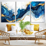 33506371-MGV-CV-36X24-Blue Marble Wall Art Canvas Print, Framed Gold Splash Art Picture Print, Abstract Wave Perfect Modern Luxe Decor Artwork