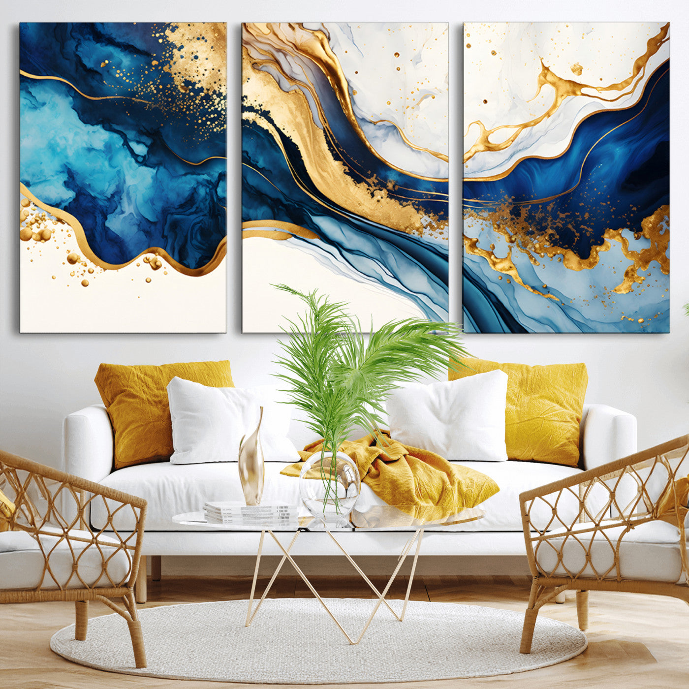 60283636-MGV-CV-36X24-Blue Gold Flow Wall Art Canvas Print, Framed Marble Texture Art Picture Print, Elegant Splash Perfect Elegant Abstract Decor