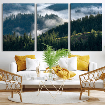 84598503-MGV-CV-36X24-Misty Forest Wall Art Canvas Print, Framed Pine Hills Art Picture Print, Moody Hills Perfect Moody Woodland Decor Artwork