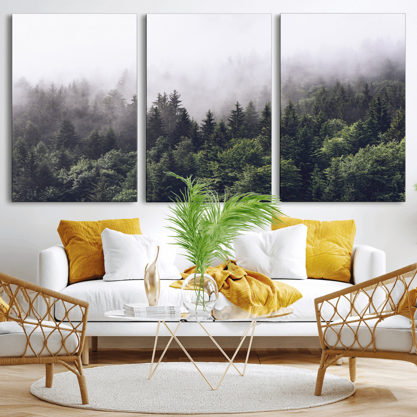 62890402-MGV-CV-36X24-Misty Forest Wall Art Canvas Print, Framed Foggy Pines Art Picture Print, Pine Valley Perfect Moody Woodland Decor Artwork