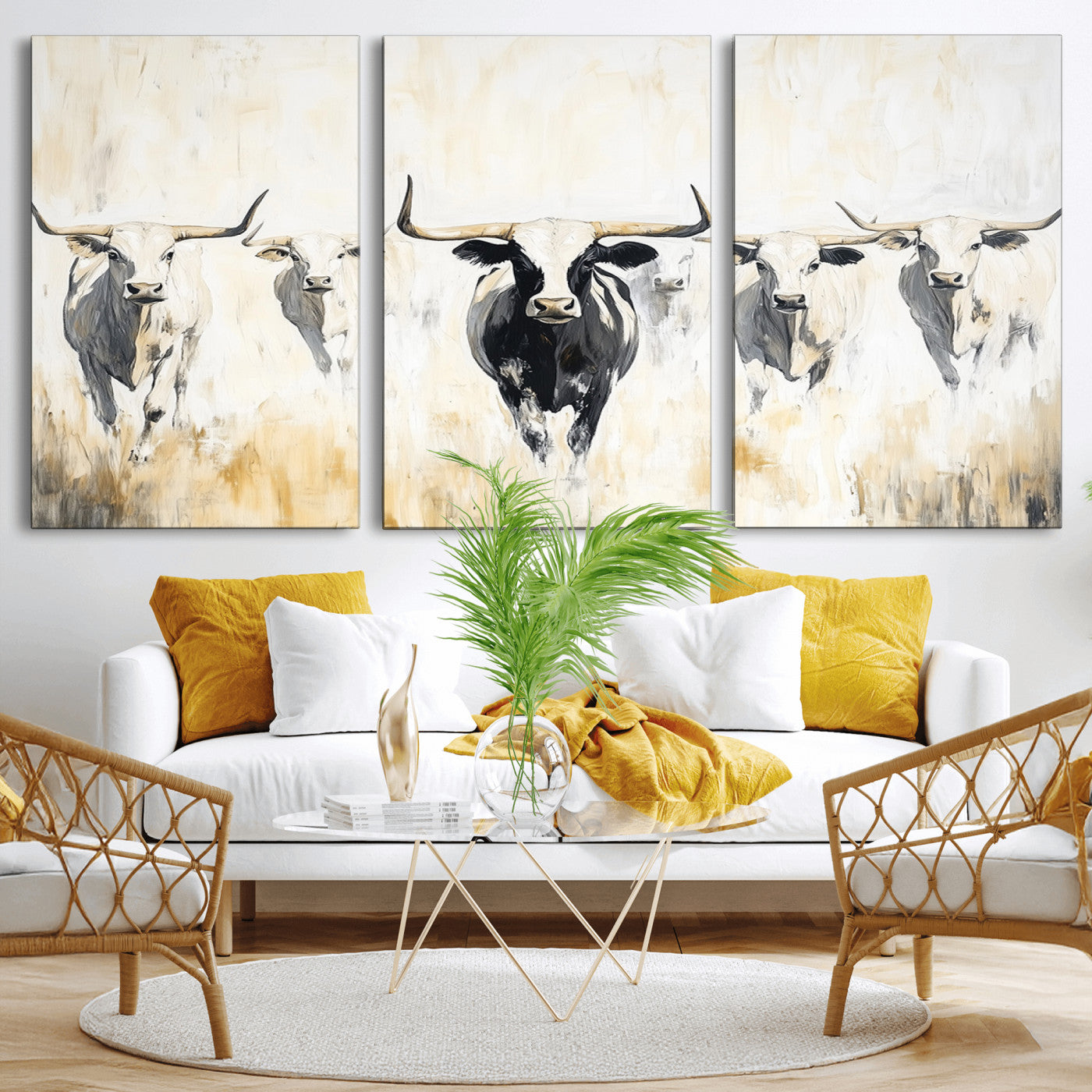 40397799-MGV-CV-36X24-Texas Longhorn Wall Art Canvas Print, Framed Rustic Herd Art Picture Print, Western Bull Perfect Neutral Western Decor Artwork