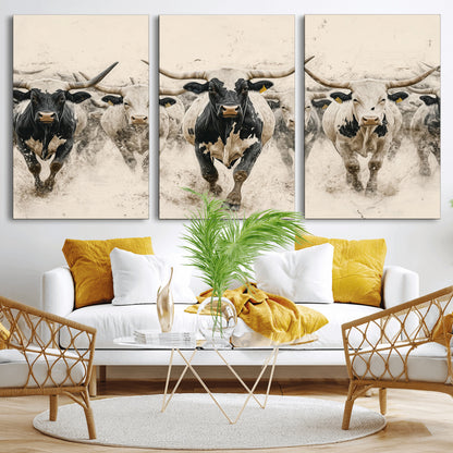 61538944-MGV-CV-36X24-Texas Longhorn Wall Art Canvas Print, Framed Cattles Walking Art Picture Print, Black White Bulls Perfect Rustic Western Decor