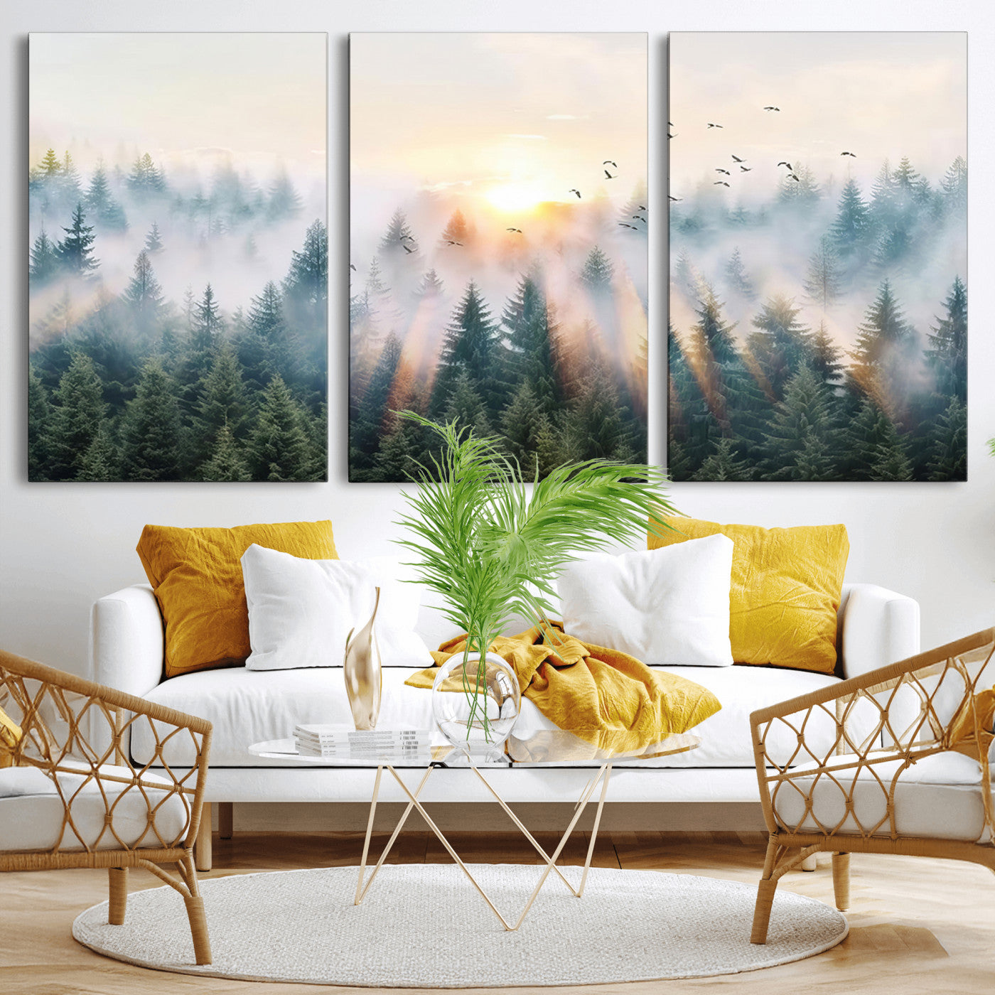 92718976-MGV-CV-36X24-Misty Forest Wall Art Canvas Print, Framed Sunrise Pines Art Picture Print, Foggy Woodland Perfect Moody Woodland Decor Artwork