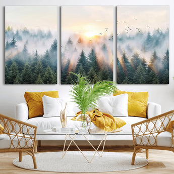 92718976-MGV-CV-36X24-Misty Forest Wall Art Canvas Print, Framed Sunrise Pines Art Picture Print, Foggy Woodland Perfect Moody Woodland Decor Artwork