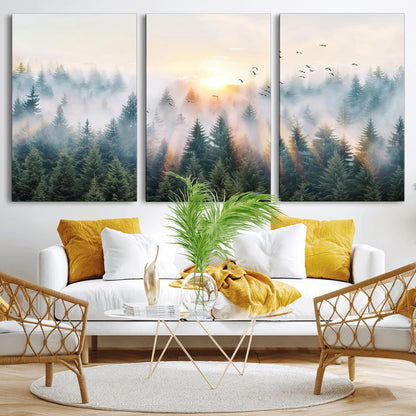 92718976-MGV-CV-36X24-Misty Forest Wall Art Canvas Print, Framed Sunrise Pines Art Picture Print, Foggy Woodland Perfect Moody Woodland Decor Artwork
