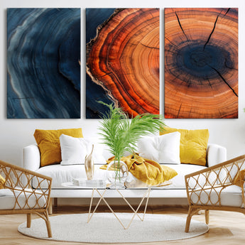 57732250-MGV-CV-36X24-Tree Ring Abstract Wall Art – Blue Orange Wood Grain Canvas Print, Modern Rustic Nature Artwork for Living Room, Office,