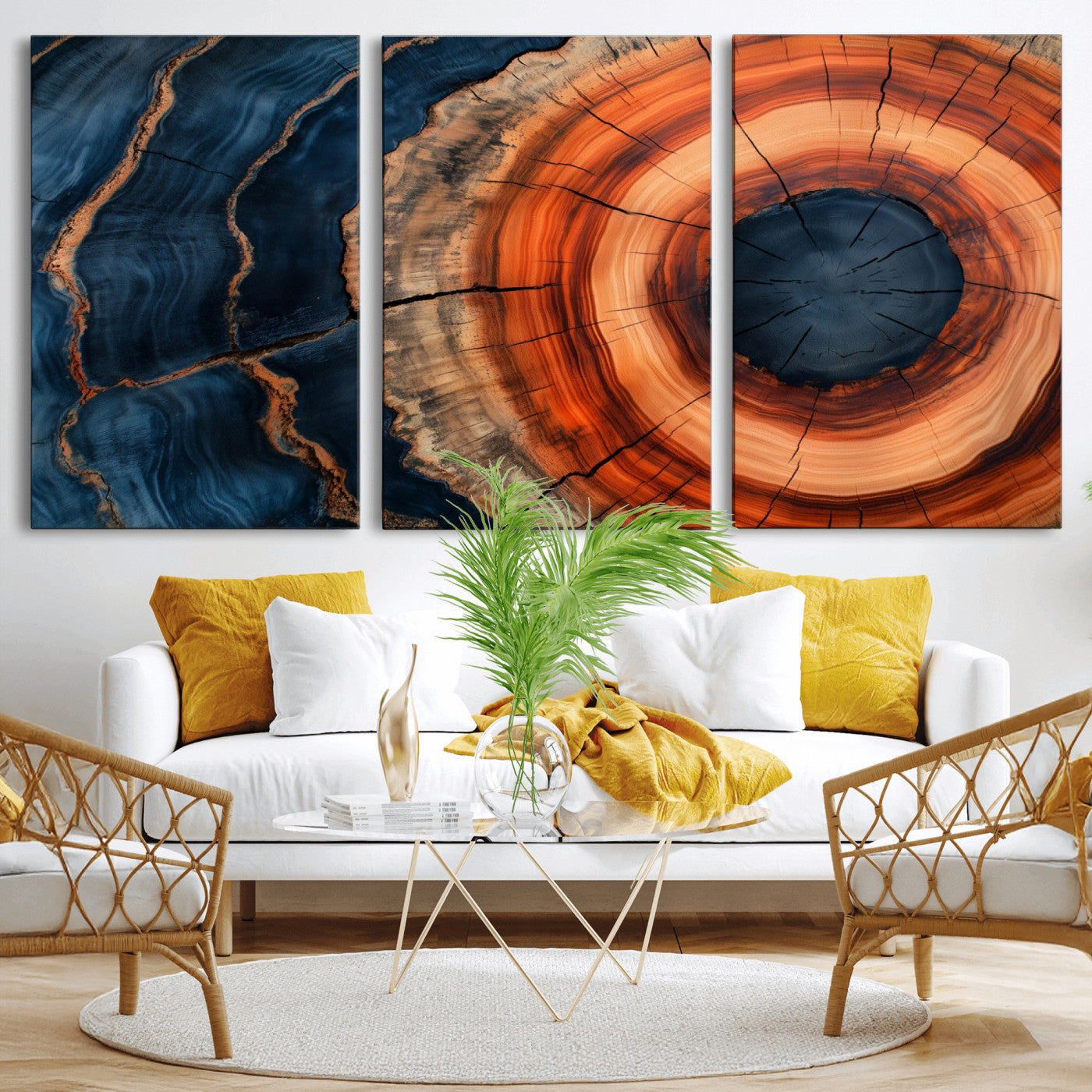 41123192-MGV-CV-36X24-Tree Ring Canvas Wall Art – Abstract Blue Orange Wood Grain Print, Rustic Modern Nature Artwork for Living Room, Bedroom, Office