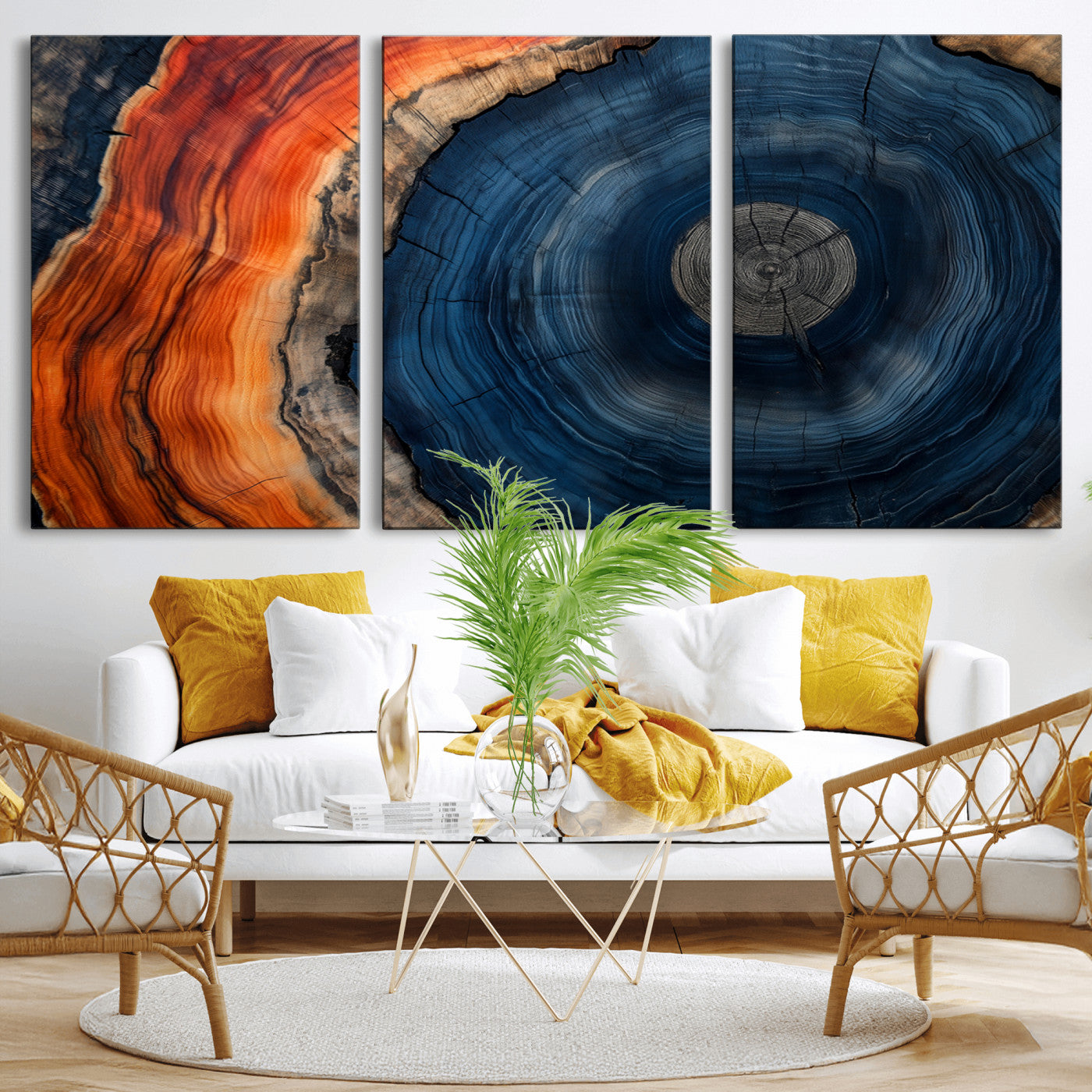 99491700-MGV-CV-36X24-Tree Ring Canvas Wall Art – Blue Orange Abstract Wood Grain Print, Rustic Modern Nature Artwork for Living Room, Office, Bedroom