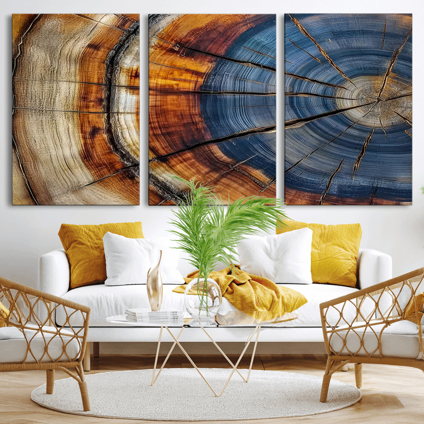 18032999-MGV-CV-36X24-Tree Ring Wall Art – Blue Brown Abstract Wood Slice Canvas Print, Rustic Modern Nature Decor for Living Room, Office, Bedroom or