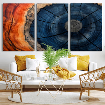 26110607-MGV-CV-36X24-Blue and Orange Tree Ring Wall Art – Abstract Wood Cross Section Canvas Print, Modern Rustic Nature Decor for Living Room, Office,