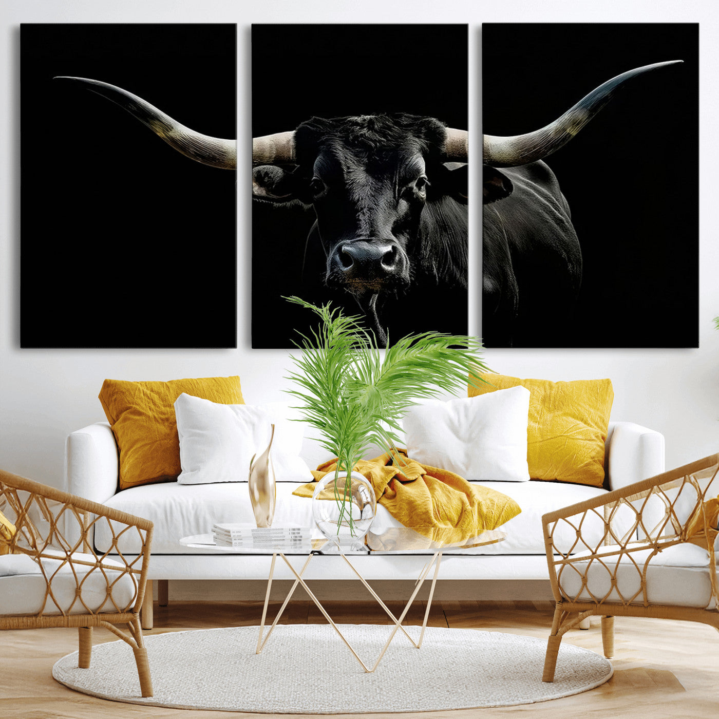 37531960-MGV-CV-36X24-Black Longhorn Bull Wall Art – Dramatic Western Cattle Canvas Print, Rustic Farmhouse Animal Artwork for Living Room, Bedroom,